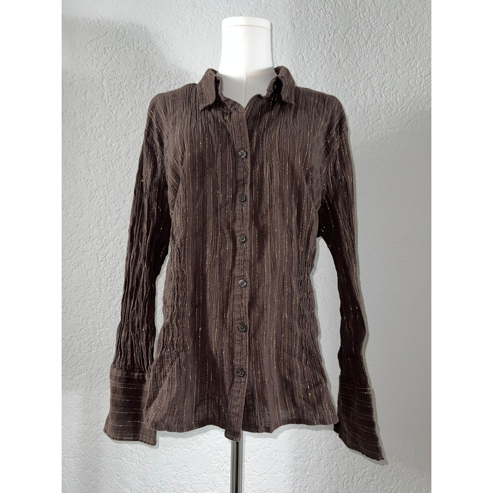 Venezia Lane Bryant 18/20 Brown Cotton Crinkle Metallic Stripe Shirt Top